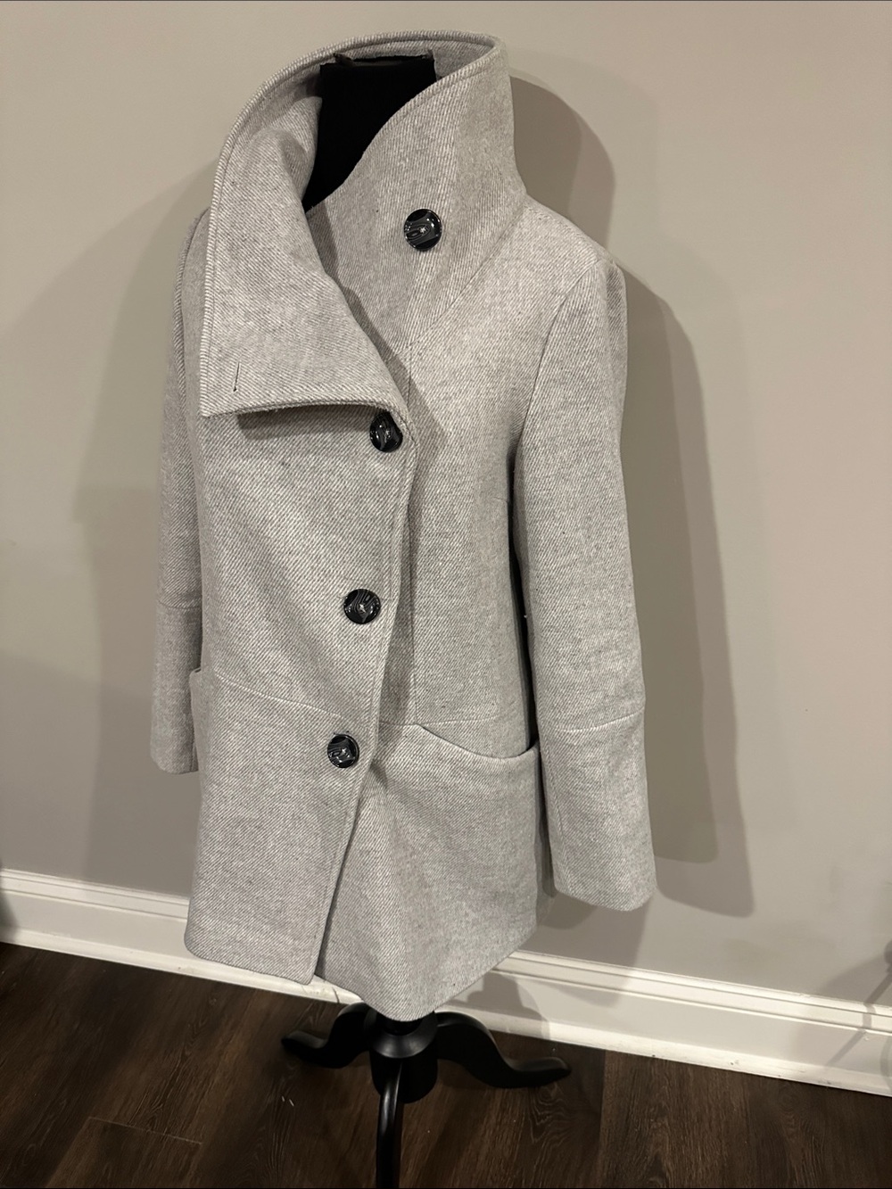 Women's Light Gray Wool-Blend Asymmetrical Pea Coat